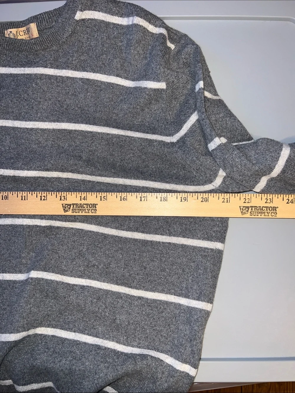 J. Crew Gray and White Striped Crewneck Cashmere Blend Sweater L